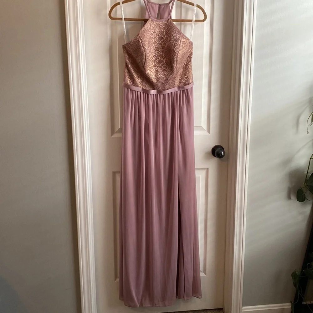 dusty rose bridesmaid dresses david's bridal David's Bridal Dusty Rose Satin Plus 18 Sleeveless Bridesmaid Dress V-Neck  Slit